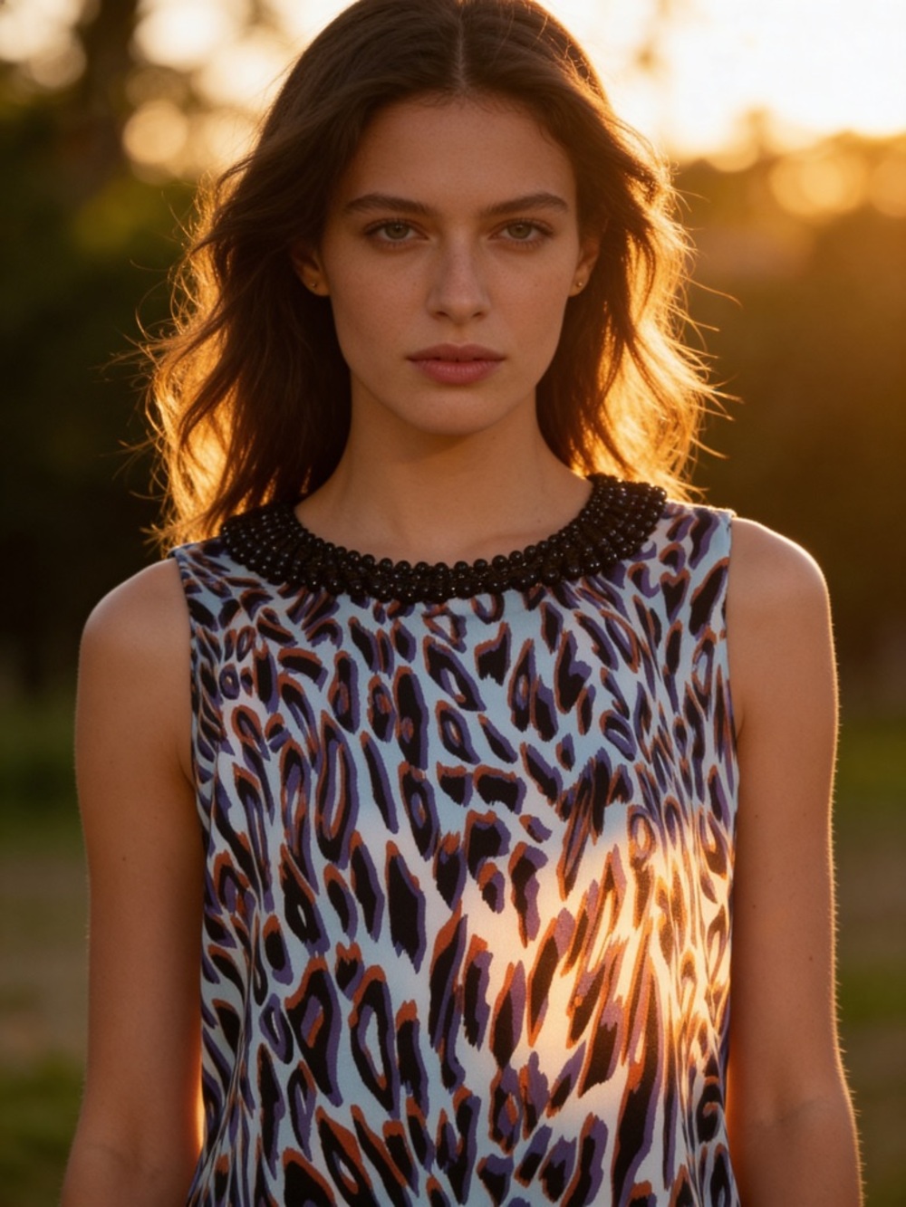 August Silk Women's Tank Top Black Beaded Animal Print Sleeveless sz L